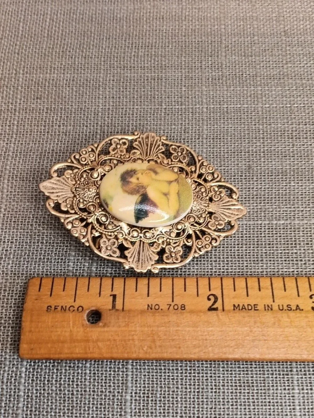 Vintage Gold Filigree Angel Cameo Brooch